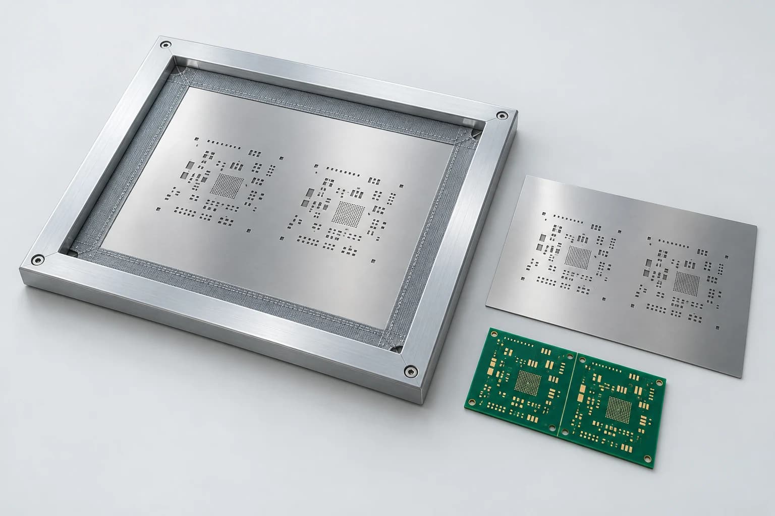 Çerçeveli ve çerçevesiz SMD stencil seçenekleri ile iki kartlı PCB panelinin temsili karşılaştırması.