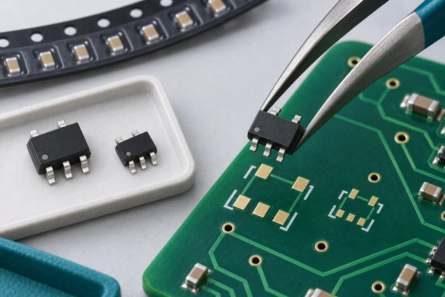 Farklı boyutlardaki beş bacaklı bileşenlerin PCB üzerindeki karşılıklarıyla eşleştirilmesini gösteren illüstrasyon.