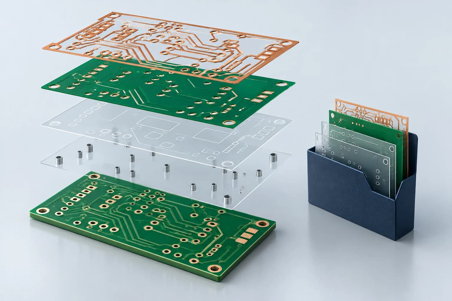 Gerber katmanları ve delik verisinin bir PCB üretim dosyası setinde bir araya gelmesini gösteren kavramsal illüstrasyon.