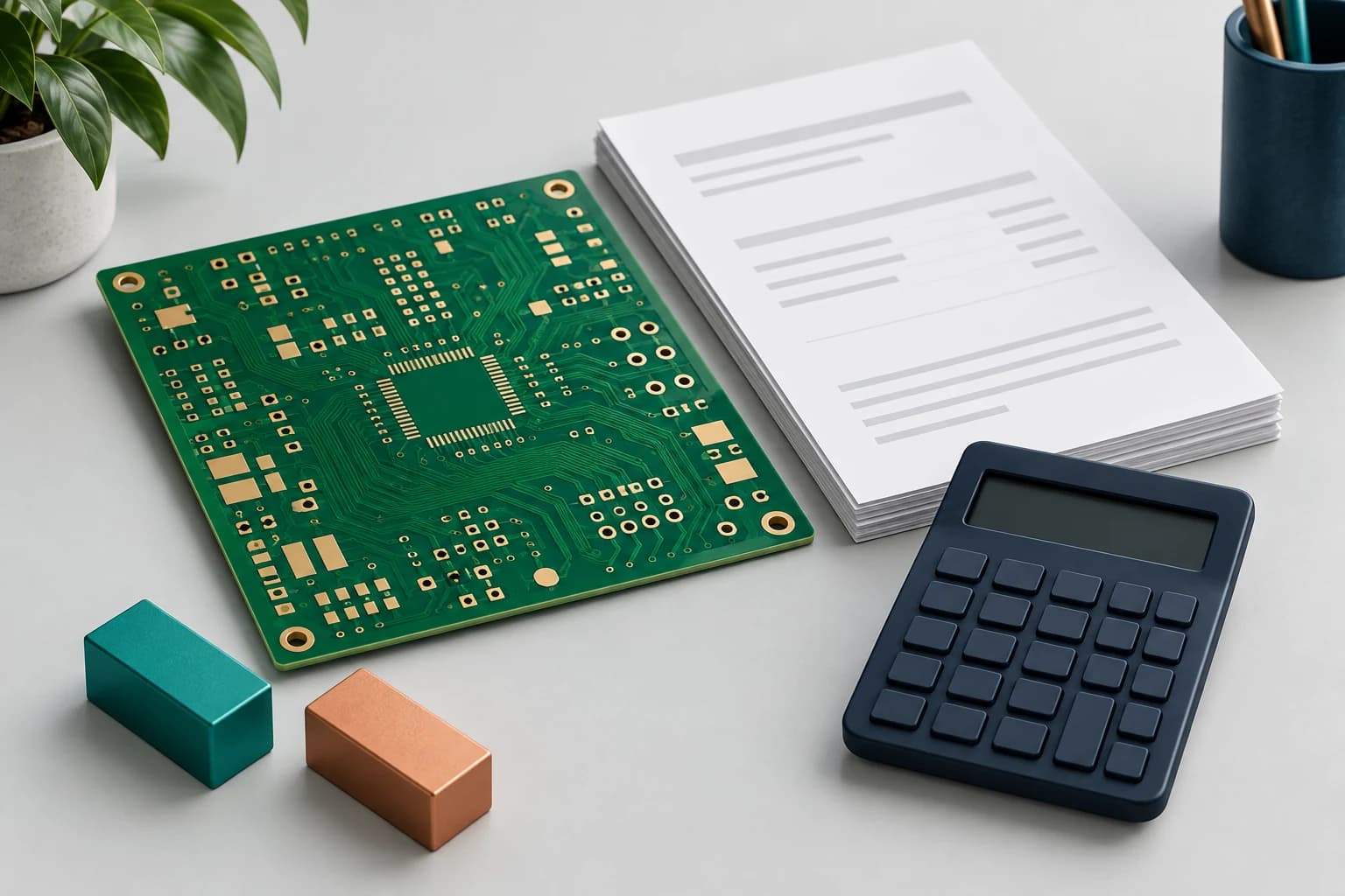 PCB alımını, fatura belgelerini ve maliyet hesabını temsil eden kart, belge ve hesap makinesi illüstrasyonu.